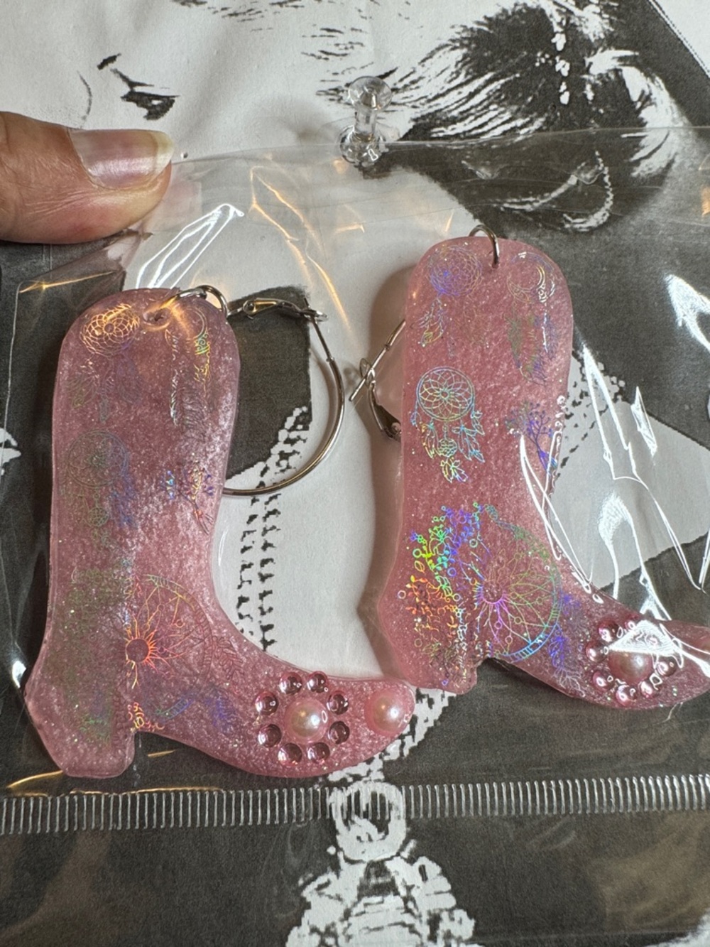 Pink Holographic Cowboy Boot Hoop Earrings